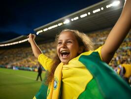 brasiliano ragazzo celebra il suo calcio squadre vittoria ai generativo foto