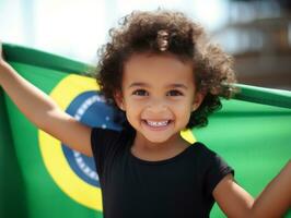 brasiliano ragazzo celebra il suo calcio squadre vittoria ai generativo foto