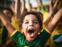 brasiliano ragazzo celebra il suo calcio squadre vittoria ai generativo foto