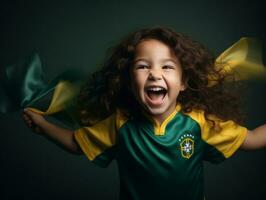 brasiliano ragazzo celebra il suo calcio squadre vittoria ai generativo foto