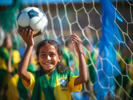 brasiliano ragazzo celebra il suo calcio squadre vittoria ai generativo foto