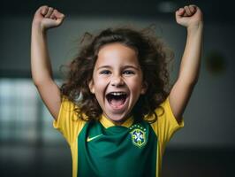 brasiliano ragazzo celebra il suo calcio squadre vittoria ai generativo foto