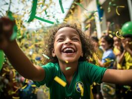 brasiliano ragazzo celebra il suo calcio squadre vittoria ai generativo foto