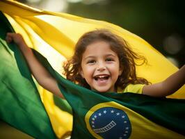 brasiliano ragazzo celebra il suo calcio squadre vittoria ai generativo foto