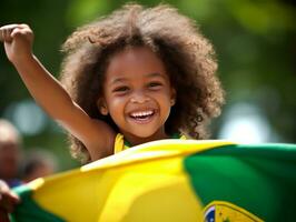 brasiliano ragazzo celebra il suo calcio squadre vittoria ai generativo foto