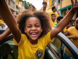 brasiliano ragazzo celebra il suo calcio squadre vittoria ai generativo foto