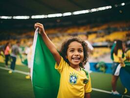 brasiliano ragazzo celebra il suo calcio squadre vittoria ai generativo foto