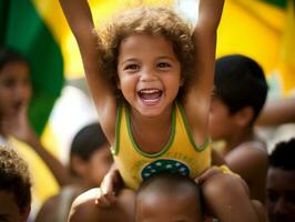 brasiliano ragazzo celebra il suo calcio squadre vittoria ai generativo foto