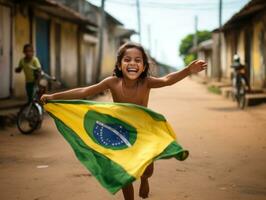 brasiliano ragazzo celebra il suo calcio squadre vittoria ai generativo foto