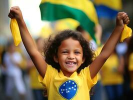 brasiliano ragazzo celebra il suo calcio squadre vittoria ai generativo foto