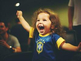 brasiliano ragazzo celebra il suo calcio squadre vittoria ai generativo foto