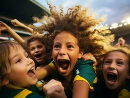 brasiliano ragazzo celebra il suo calcio squadre vittoria ai generativo foto