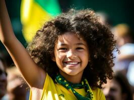 brasiliano ragazzo celebra il suo calcio squadre vittoria ai generativo foto