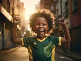 brasiliano ragazzo celebra il suo calcio squadre vittoria ai generativo foto