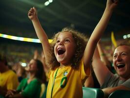 brasiliano ragazzo celebra il suo calcio squadre vittoria ai generativo foto