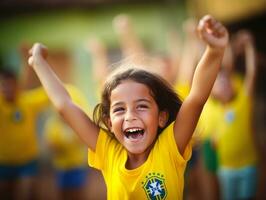 brasiliano ragazzo celebra il suo calcio squadre vittoria ai generativo foto