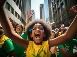 brasiliano ragazzo celebra il suo calcio squadre vittoria ai generativo foto