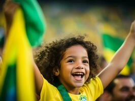 brasiliano ragazzo celebra il suo calcio squadre vittoria ai generativo foto