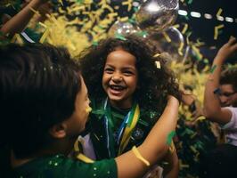 brasiliano ragazzo celebra il suo calcio squadre vittoria ai generativo foto