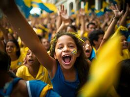 brasiliano ragazzo celebra il suo calcio squadre vittoria ai generativo foto