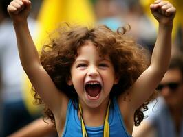 brasiliano ragazzo celebra il suo calcio squadre vittoria ai generativo foto