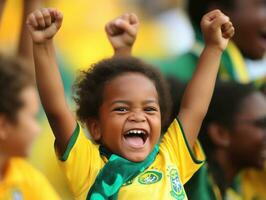 brasiliano ragazzo celebra il suo calcio squadre vittoria ai generativo foto