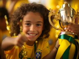 brasiliano ragazzo celebra il suo calcio squadre vittoria ai generativo foto