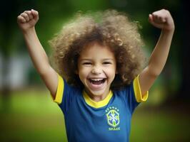 brasiliano ragazzo celebra il suo calcio squadre vittoria ai generativo foto