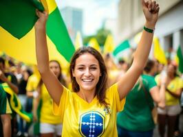 brasiliano donna celebra sua calcio squadre vittoria ai generativo foto