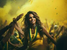 brasiliano donna celebra sua calcio squadre vittoria ai generativo foto