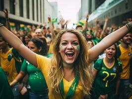 brasiliano donna celebra sua calcio squadre vittoria ai generativo foto