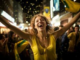 brasiliano donna celebra sua calcio squadre vittoria ai generativo foto