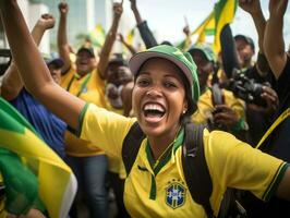 brasiliano donna celebra sua calcio squadre vittoria ai generativo foto