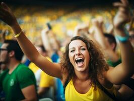 brasiliano donna celebra sua calcio squadre vittoria ai generativo foto