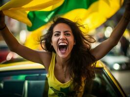 brasiliano donna celebra sua calcio squadre vittoria ai generativo foto