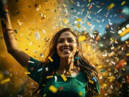 brasiliano donna celebra sua calcio squadre vittoria ai generativo foto