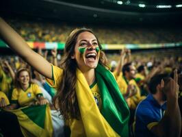 brasiliano donna celebra sua calcio squadre vittoria ai generativo foto