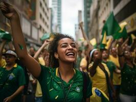 brasiliano donna celebra sua calcio squadre vittoria ai generativo foto