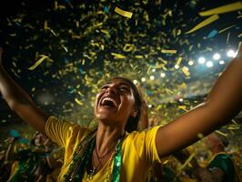 brasiliano donna celebra sua calcio squadre vittoria ai generativo foto