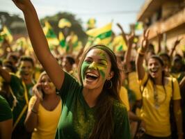 brasiliano donna celebra sua calcio squadre vittoria ai generativo foto