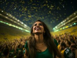 brasiliano donna celebra sua calcio squadre vittoria ai generativo foto