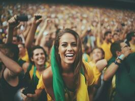 brasiliano donna celebra sua calcio squadre vittoria ai generativo foto