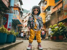 ragazzo gode un' senza fretta passeggiare attraverso il vivace città strade ai generativo foto