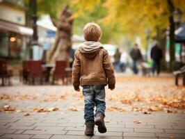 ragazzo gode un' senza fretta passeggiare attraverso il vivace città strade ai generativo foto