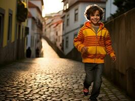 ragazzo gode un' senza fretta passeggiare attraverso il vivace città strade ai generativo foto