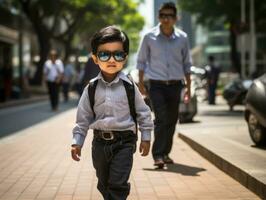 ragazzo gode un' senza fretta passeggiare attraverso il vivace città strade ai generativo foto