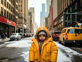 ragazzo gode un' senza fretta passeggiare attraverso il vivace città strade ai generativo foto