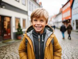 ragazzo gode un' senza fretta passeggiare attraverso il vivace città strade ai generativo foto