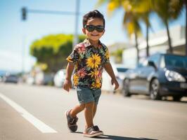 ragazzo gode un' senza fretta passeggiare attraverso il vivace città strade ai generativo foto