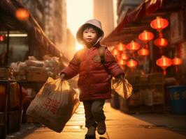 ragazzo gode un' senza fretta passeggiare attraverso il vivace città strade ai generativo foto